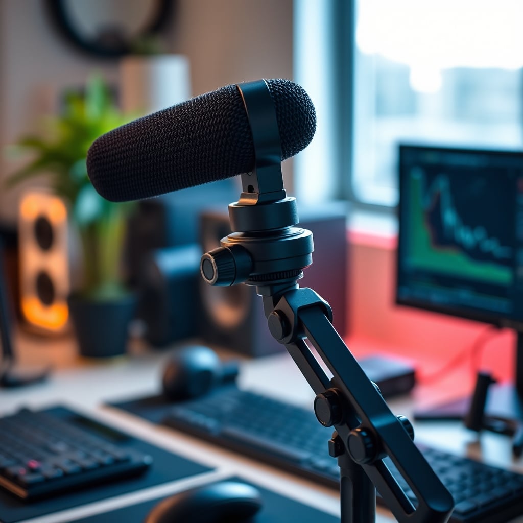 Close-up detail of a high-quality broadcast microphone mounted on a robust black boom arm.
