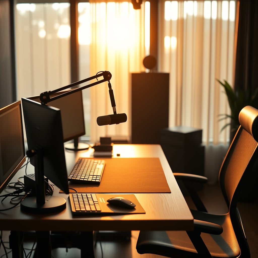 A functional podcast setup showing a microphone on a boom arm and a monitor positioned to the side on an arm.