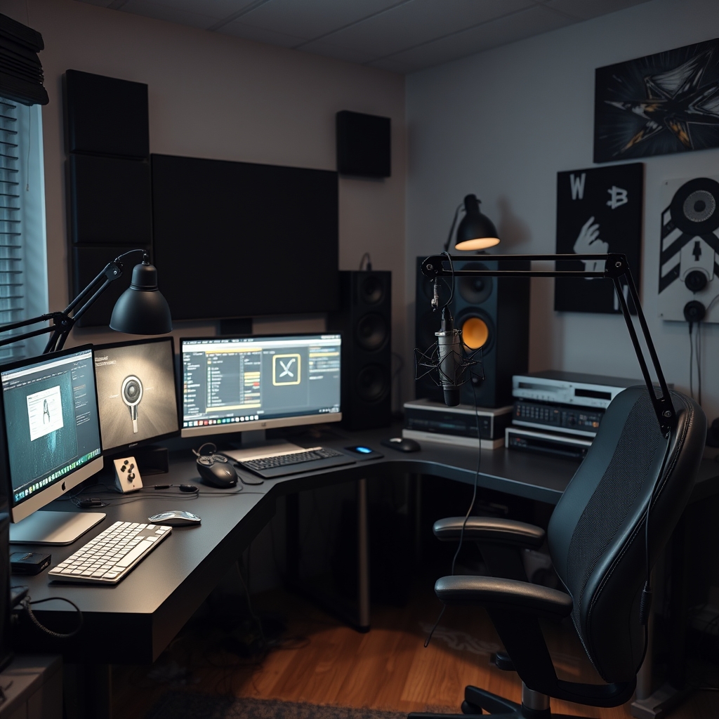 A messy podcast studio with an unorganized desk, various audio cables tangled, and basic, unaesthetic equipment.