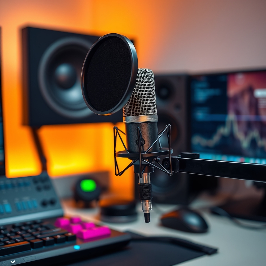 Close-up of a Shure SM7B dynamic microphone with a proper pop filter and shock mount, positioned correctly for vocal recording.