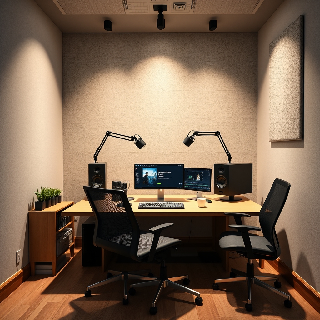 A minimalist podcast studio corner with professionally installed acoustic panels, a high-quality dynamic microphone on a boom arm, and a simple, clean desk setup.