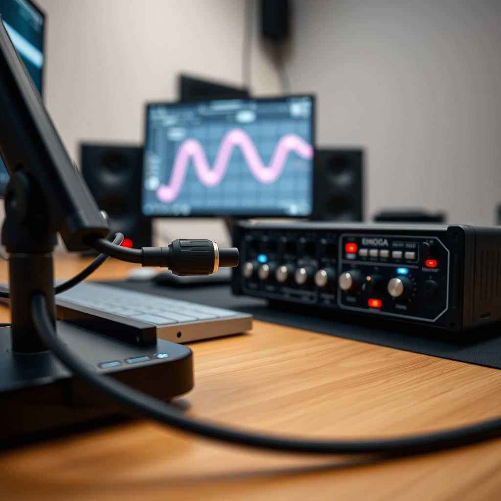 Close-up shot of a clean desk with an audio interface, single XLR microphone, and minimal cabling.