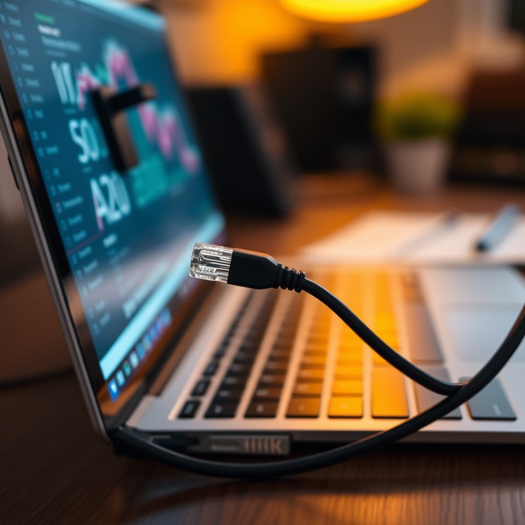 A close-up of an Ethernet cable plugged directly into a laptop on a podcast desk, emphasizing a wired connection.