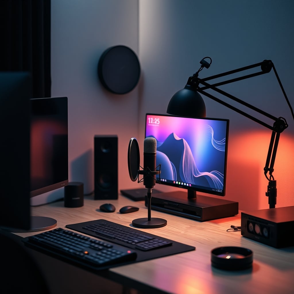 A 2026 podcast studio setup with a single microphone in an angled corner desk configuration, showing focused acoustic treatment.