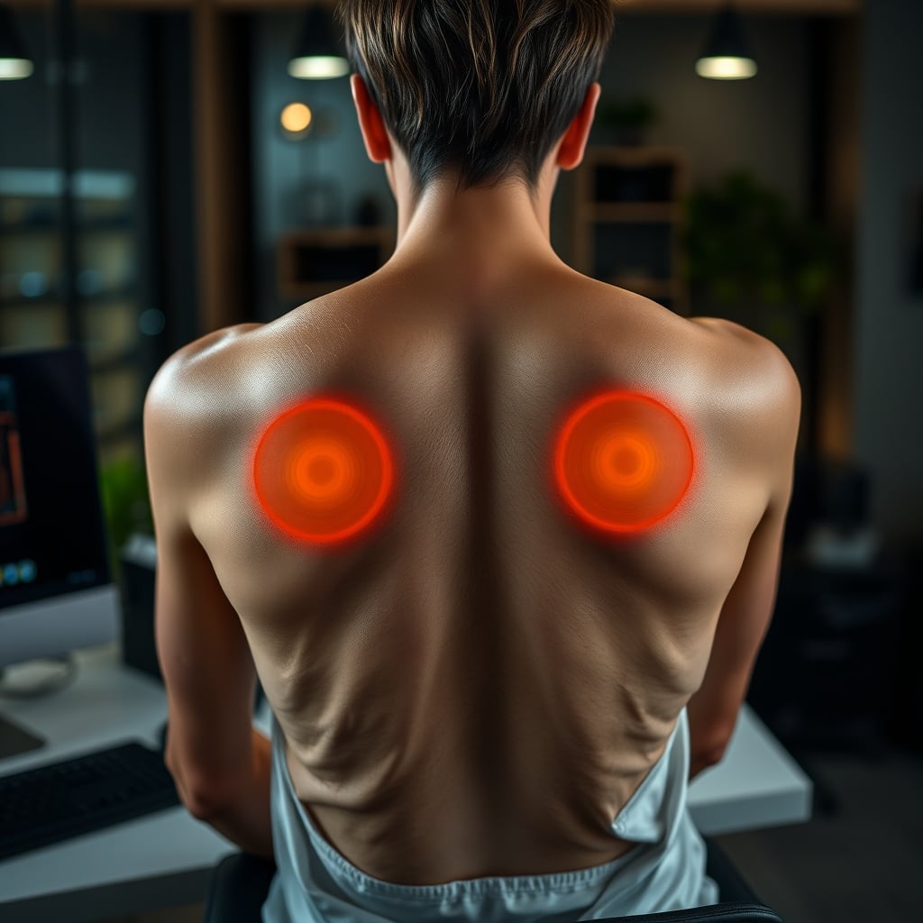 Diagram-like image showing different placement spots for a posture sensor on the upper, mid, and lower back.