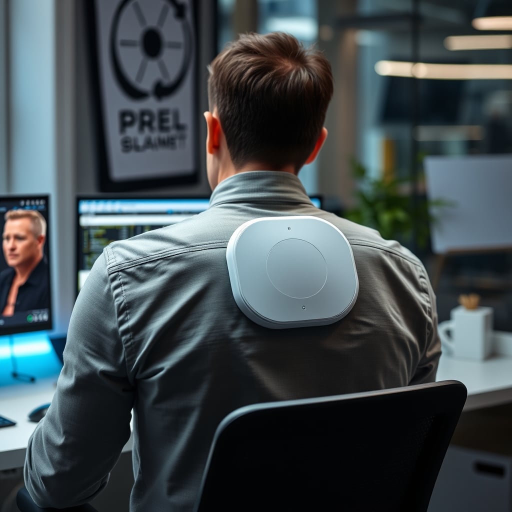 Person wearing a posture sensor while slouched, illustrating the common scenario where sensor data becomes unreliable.