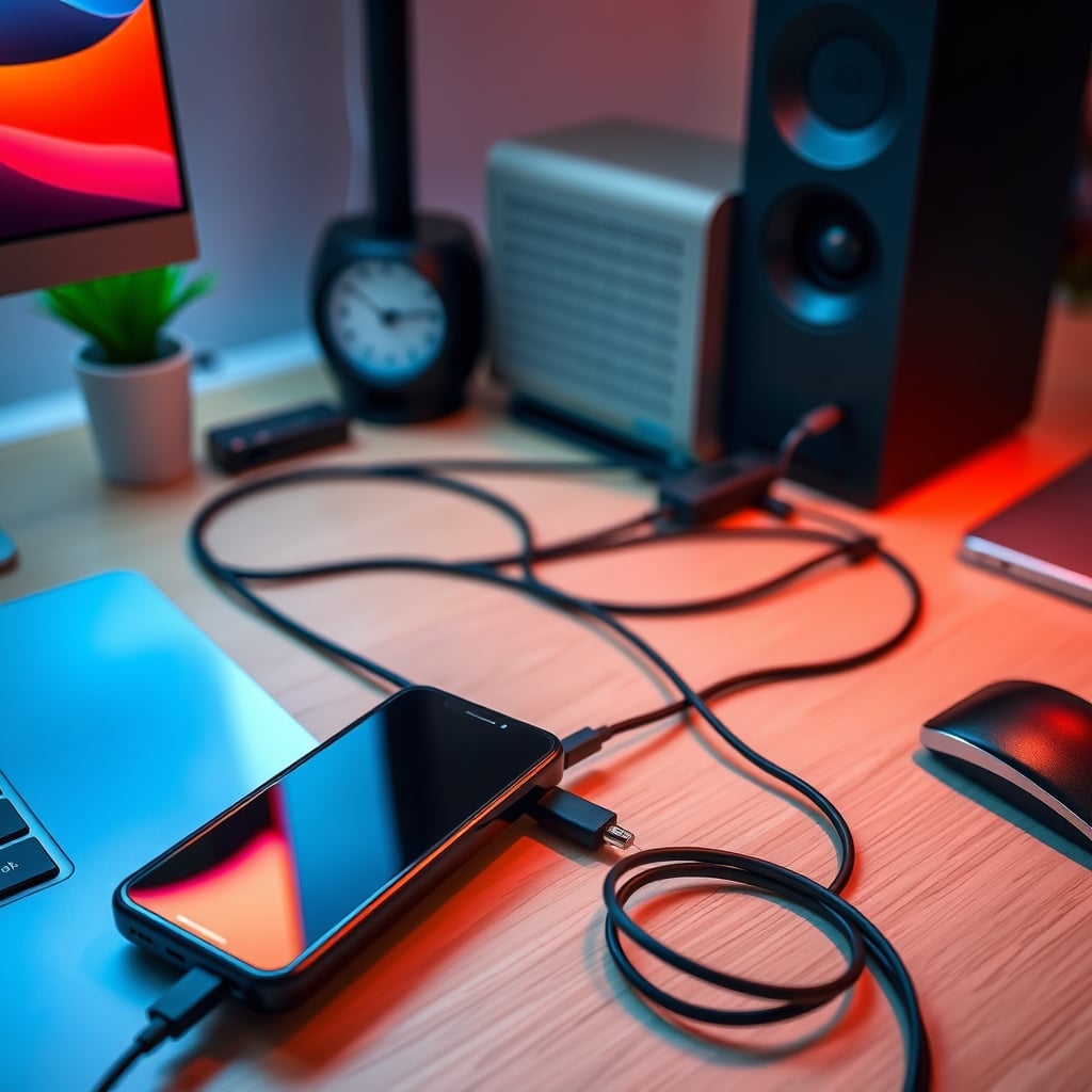 A clean, safe desk setup with a power bank neatly placed and cabled, not buried