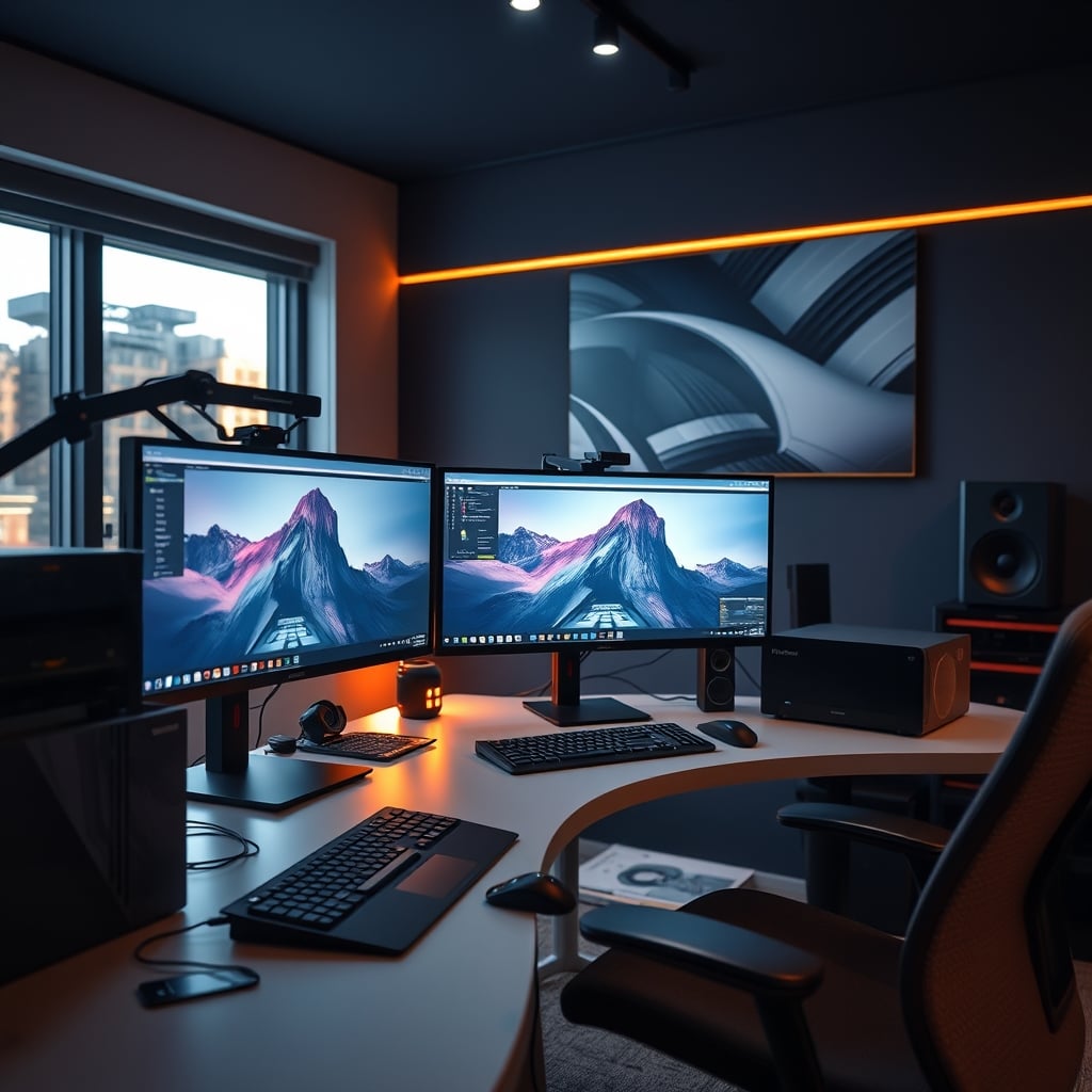 A clean editing workstation with color-accurate monitors, proper cable management, and network attached storage visible