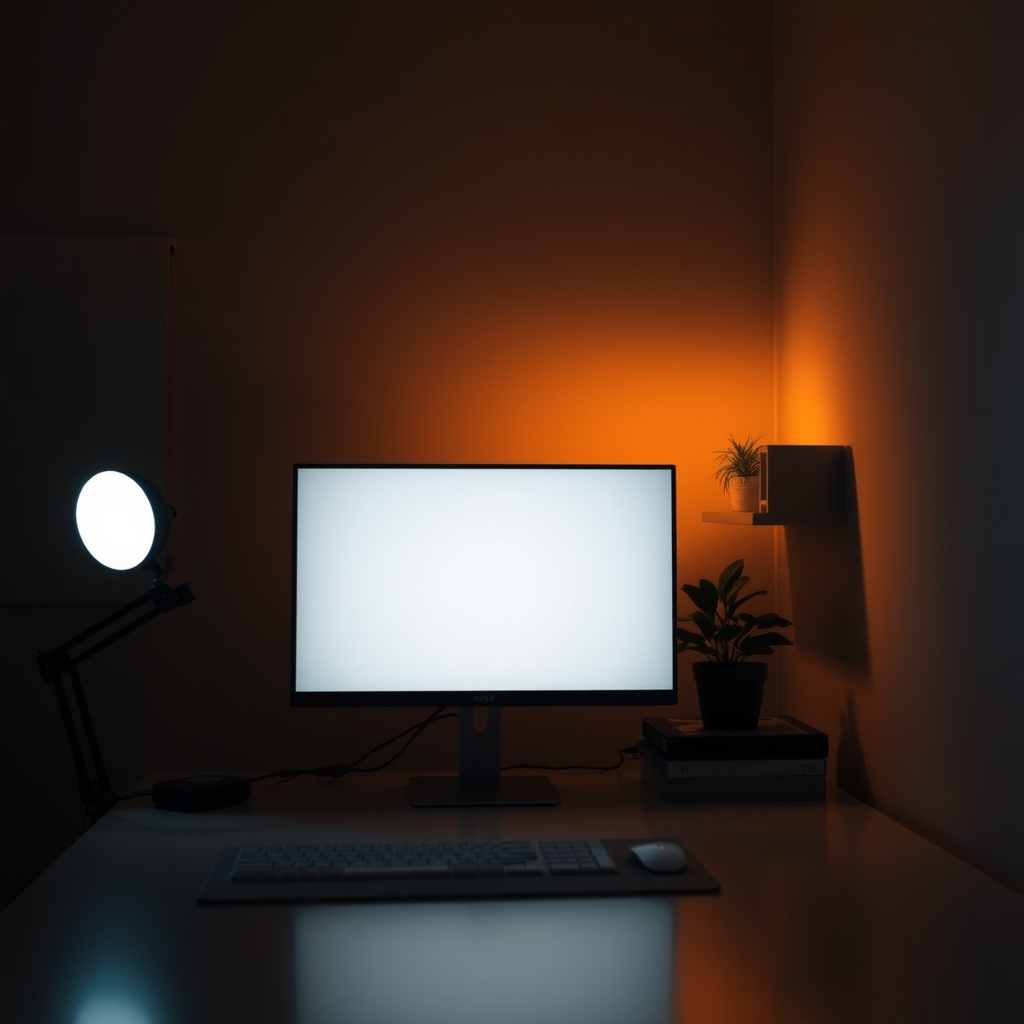 A desk setup featuring warm white bias lighting behind the monitor, an accent light illuminating a small desk plant, and indirect wall lighting that adds depth to the workspace.