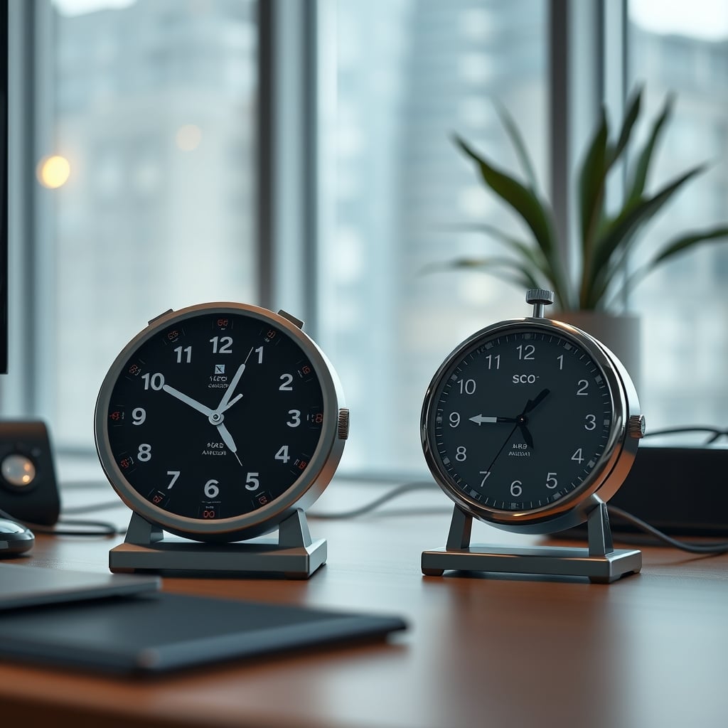 Two clocks side by side: a complex smart clock with multiple sensors labeled, and a simple analog clock