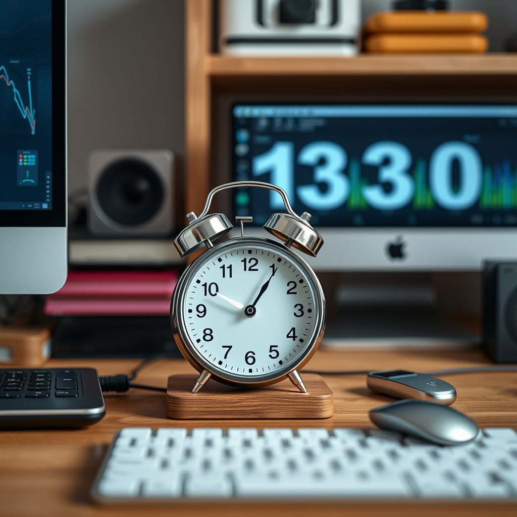 A basic battery-powered analog alarm clock sitting on a wooden nightstand in a peaceful bedroom