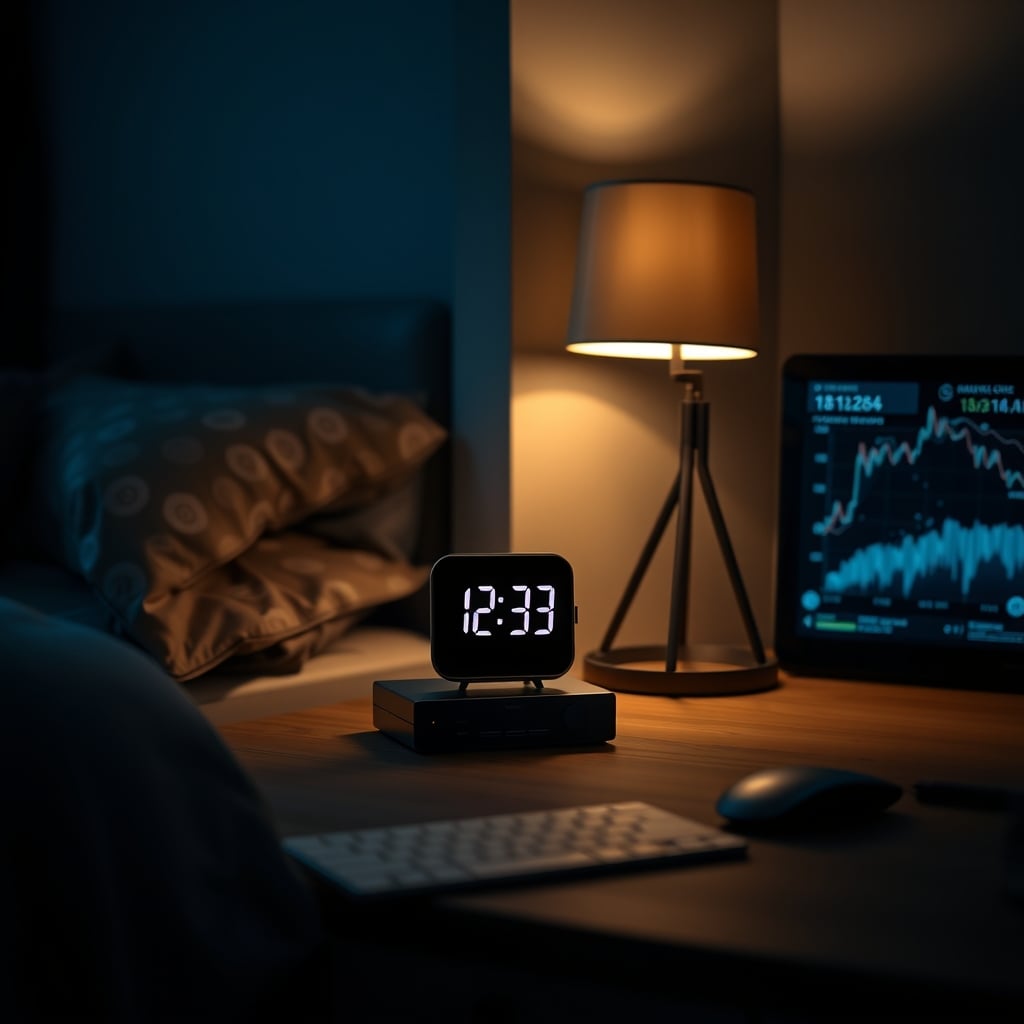 A smart clock sits on a nightstand, with visual data streams flowing from it, representing constant data collection during sleep