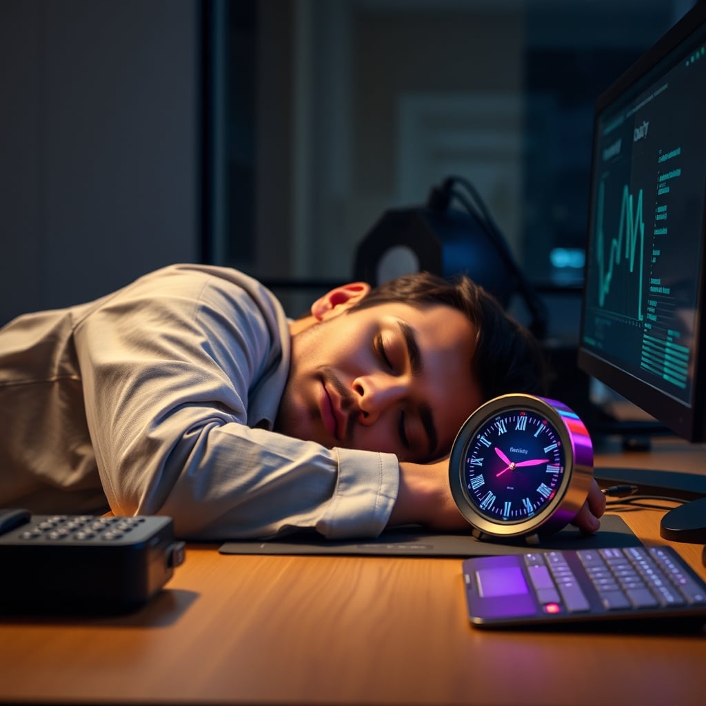 Person sleeping while smart clock's network indicator light is active, demonstrating nighttime data transmission