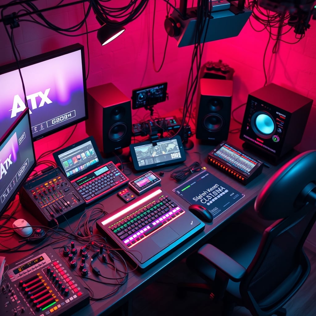 A chaotic desk cluttered with multiple streaming controllers, audio mixers, and tangled cables, representing overcomplicated pro streamer hardware.