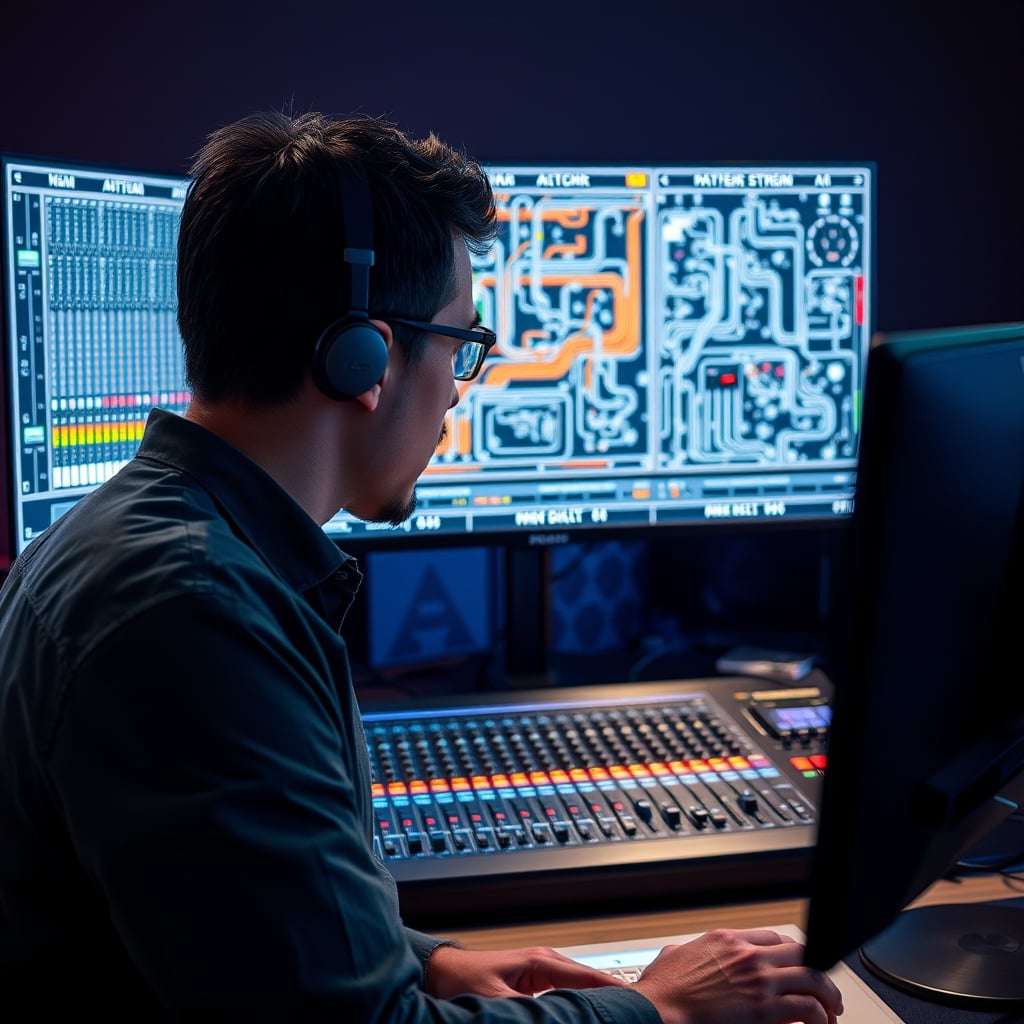 A frustrated streamer looking at a complex hardware audio mixer and a confusing wiring diagram on their screen.