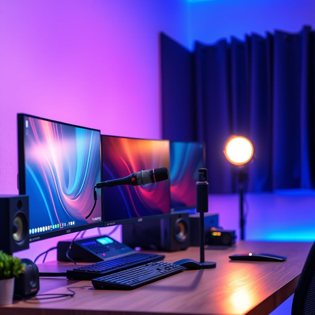 A clean, effective streaming setup with a single monitor, a good microphone, and well-placed lighting, showing a minimalist approach.