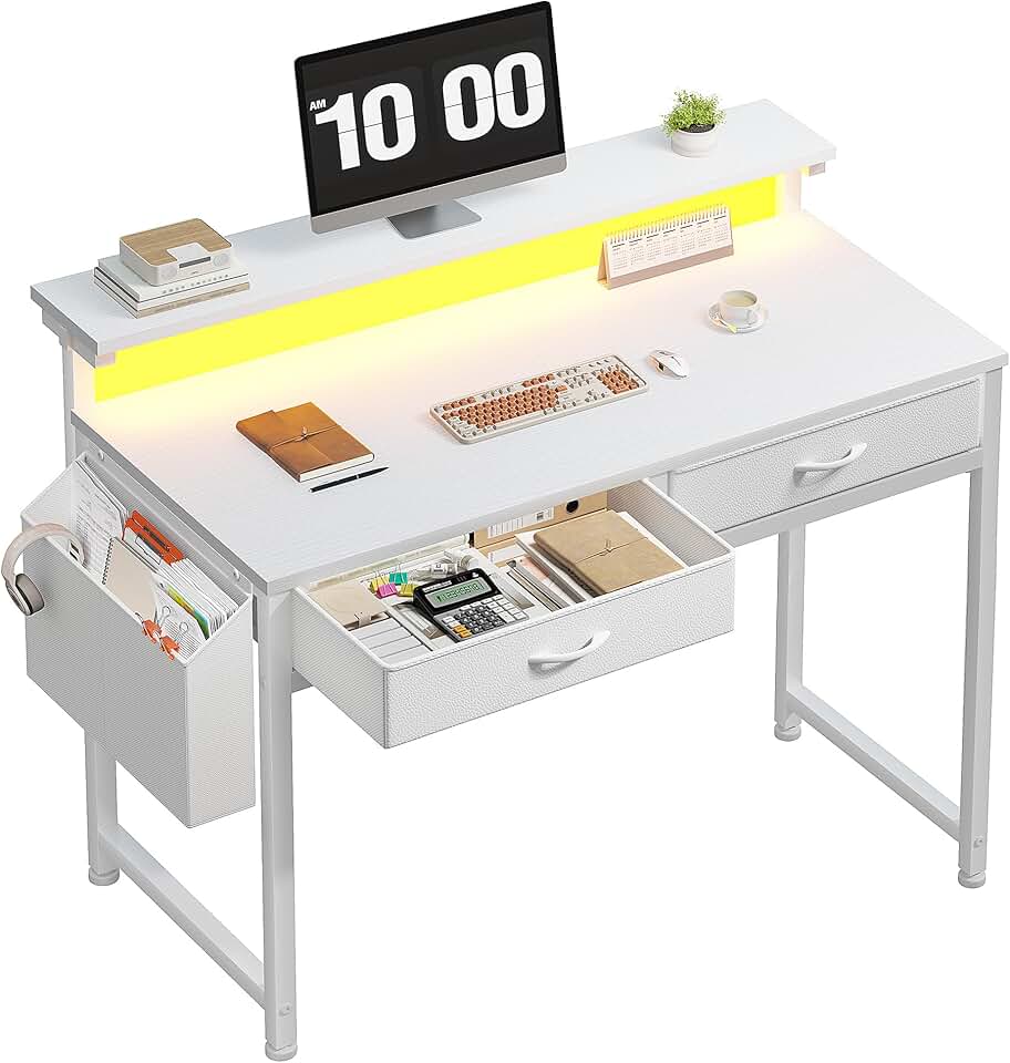 Computer Desk with 2 Drawers & LED Lights,31.5 Inch Home Office Desks with Side Pocket and Monitor Stand,Study Writi