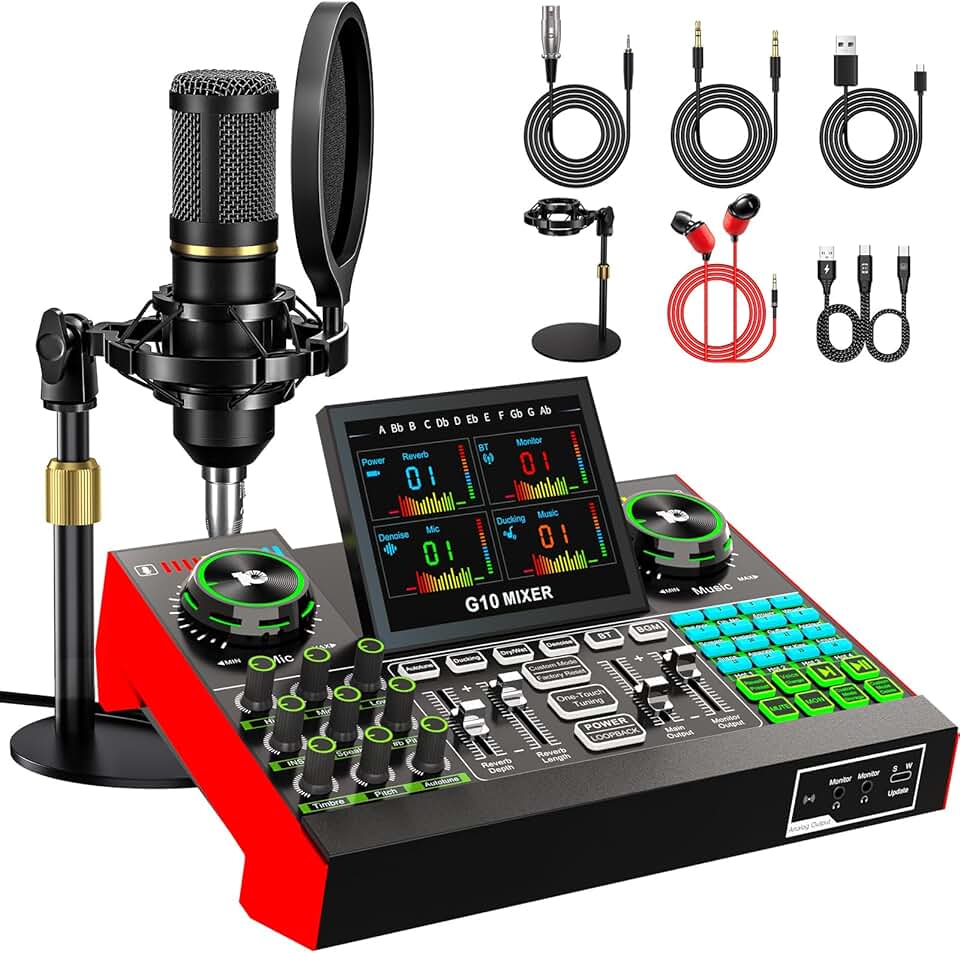 Podcast Microphone Bundle with Live Sound Card Audio Mixer, Podcast Equipment Bundle with 3.5mm Condenser Microphone for