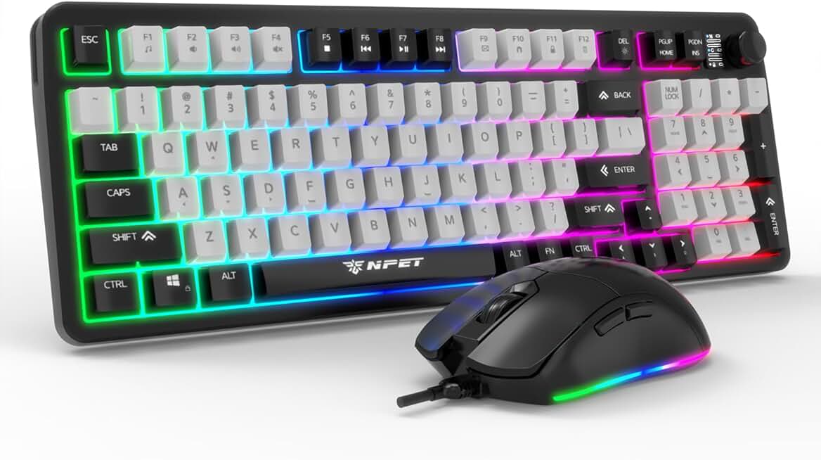 NPET Wired Keyboard and Mouse Combo, 98 Keys Mechanical Feel Quiet Membrane Keyboard with Knob, Double-Shot Keycaps, Spi