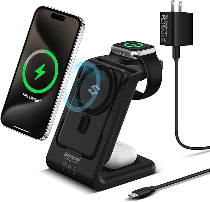 3 in 1 Wireless Charging Station: 10000mAh Removable Power Bank Charger Stand for Phone/Watch/Air Pods - Portable Magnet