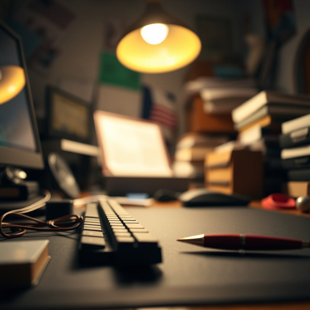 A desk with harsh overhead lighting creating glare on monitors and deep shadows.