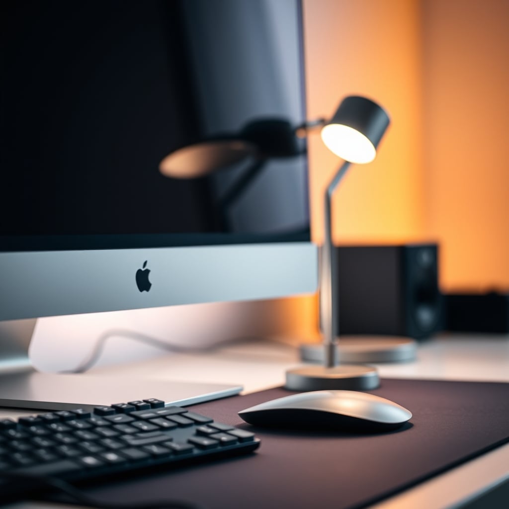 A clean desk with a monitor light bar and a single adjustable task lamp providing even illumination.