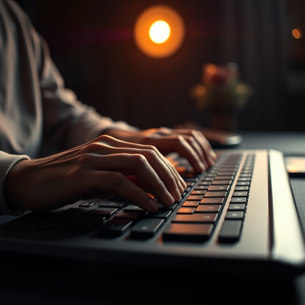 Close-up of hands typing on a keyboard under a warm, focused pool of light in a dark room.