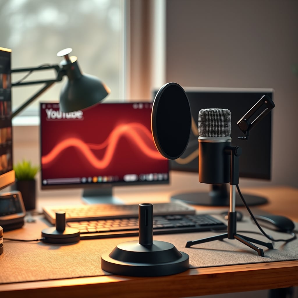 A clean, modern YouTuber desk with a laptop, monitor, and a single vintage silver microphone prop as the focal point.