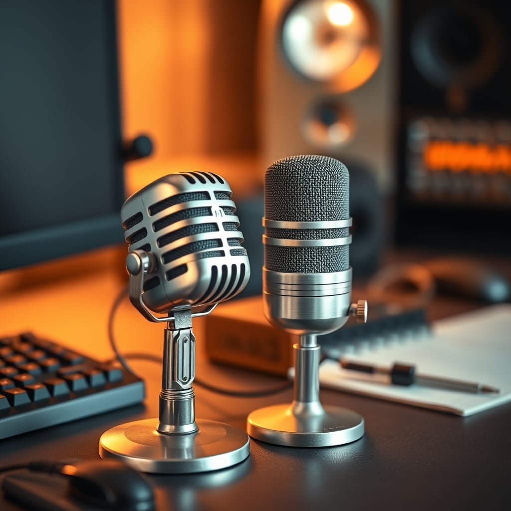 Close-up of a vintage-style prop microphone on a stand, with a tiny black lavalier microphone visible on the desk beside it.