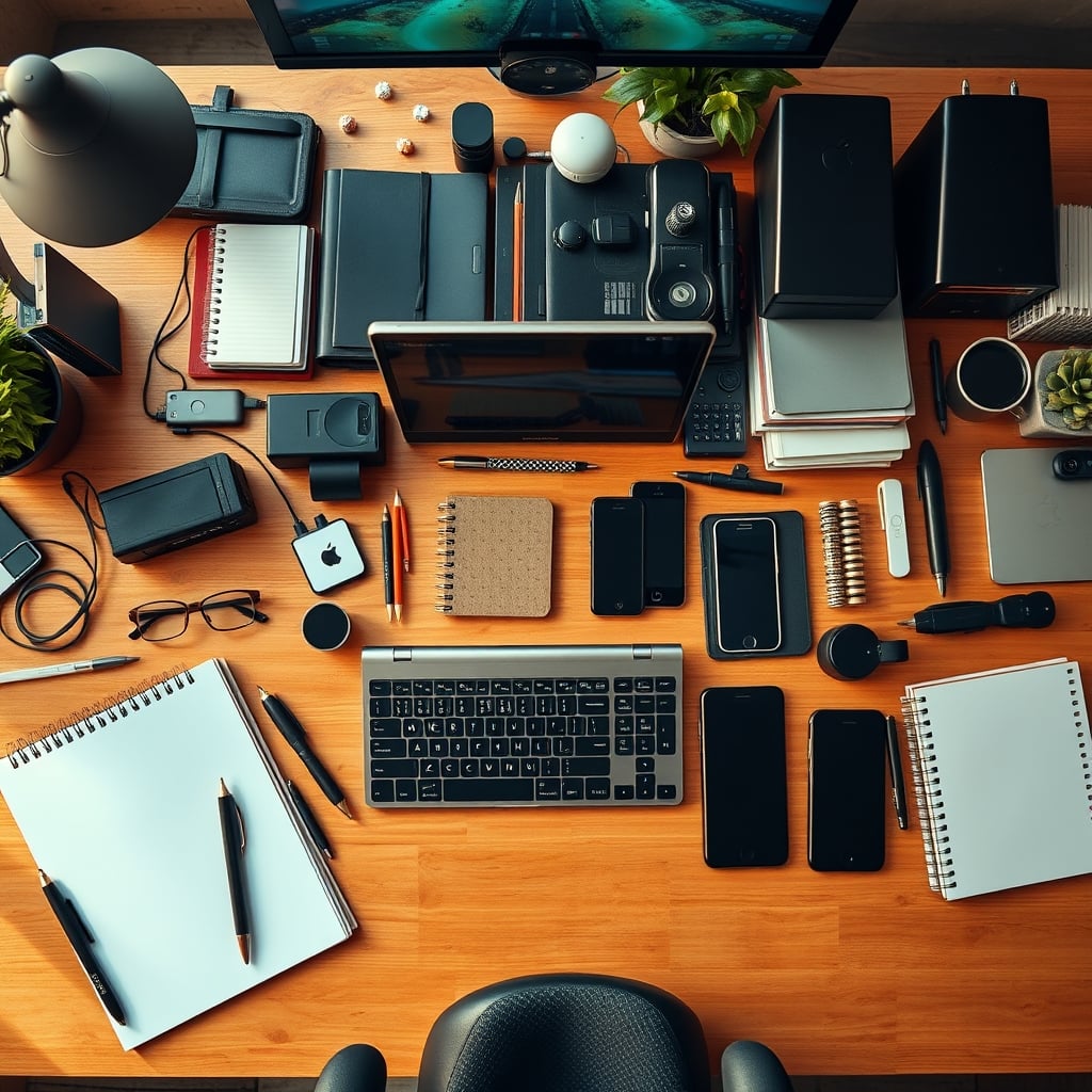 A cluttered desk covered in notebooks, gadgets, cables, and decor, representing visual noise.