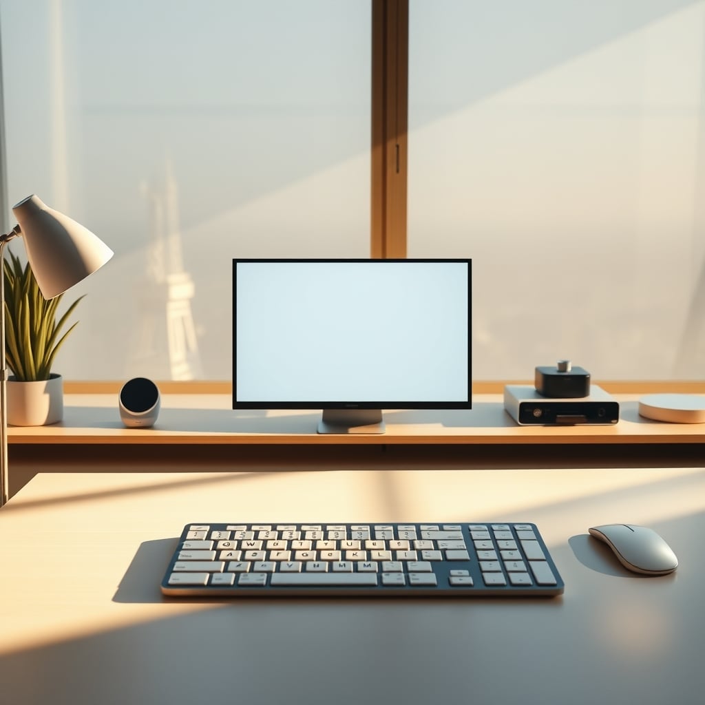 A stark, minimalist desk from a first-person perspective with only a laptop and keyboard.
