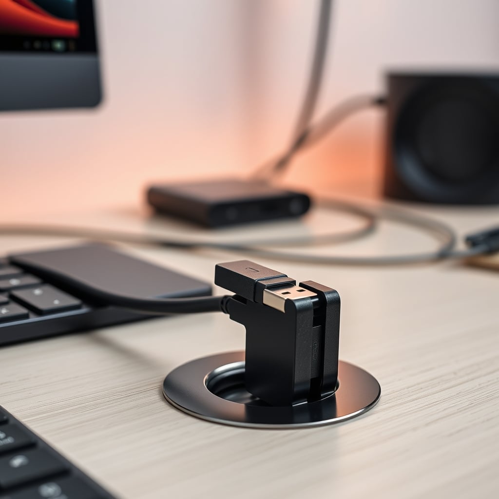 A single USB-C cable cleanly routed through a desk grommet for a tidy, efficient setup.