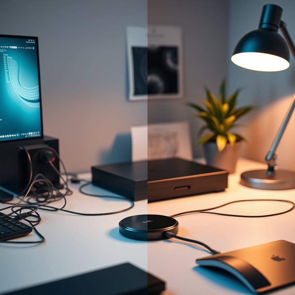 Side-by-side: a desk with visible but managed cables vs a 'clean' desk with a hidden wireless charger.