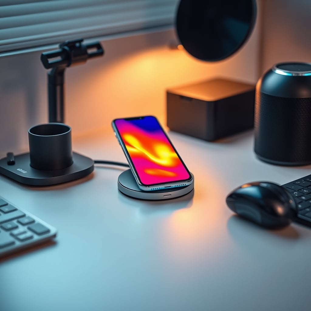 Thermal camera view showing a smartphone with intense heat spots while on a Qi2 wireless charger.