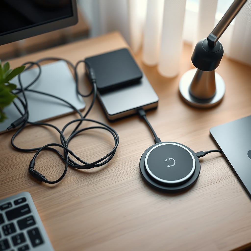 Overhead comparison of a messy desk with multiple cables versus a clean desk with one wireless charging hub