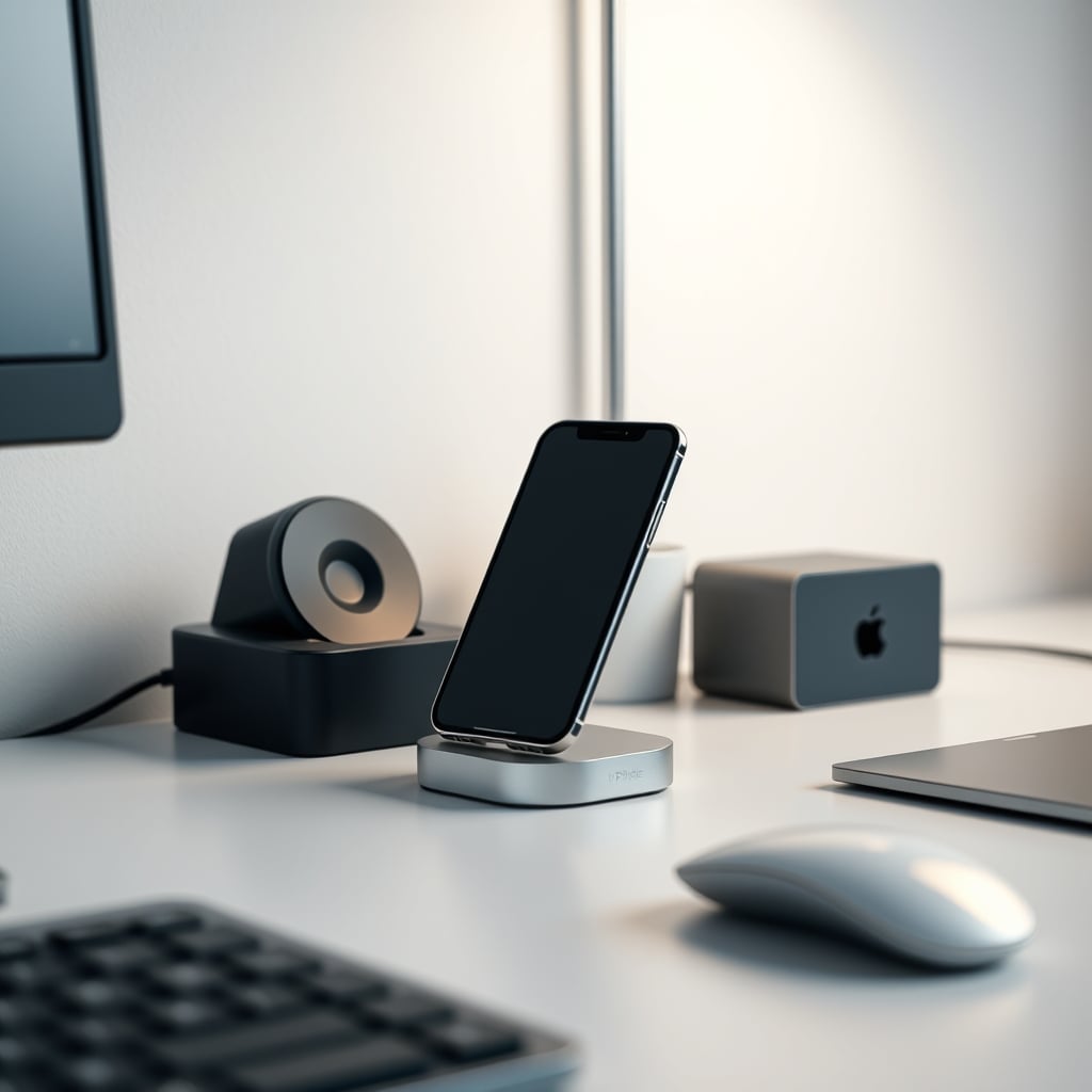 An iPhone perfectly aligned on a white MagSafe charger on a clean, wooden desk, a single cable routed neatly away.