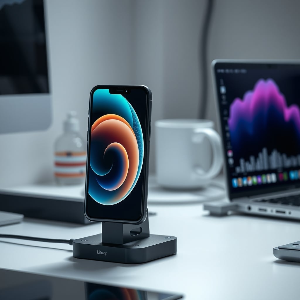 Smartphone charging on a vertical Qi2 stand
