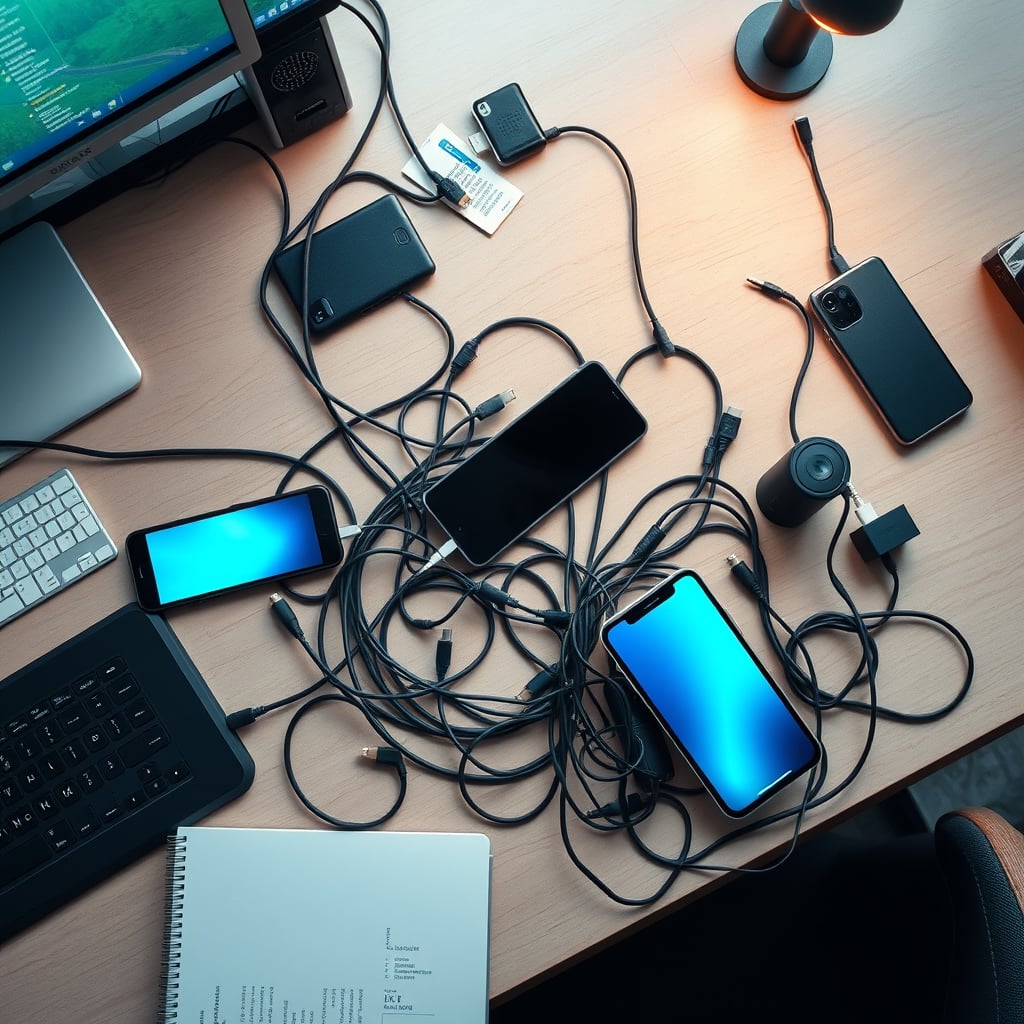 Overhead view of a cluttered desk showing the cable management nightmare created by trying to charge multiple devices with different charging solutions