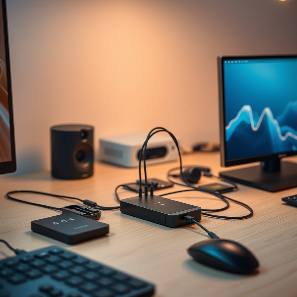 Clean, organized desk charging station with labeled cables and proper spacing between devices
