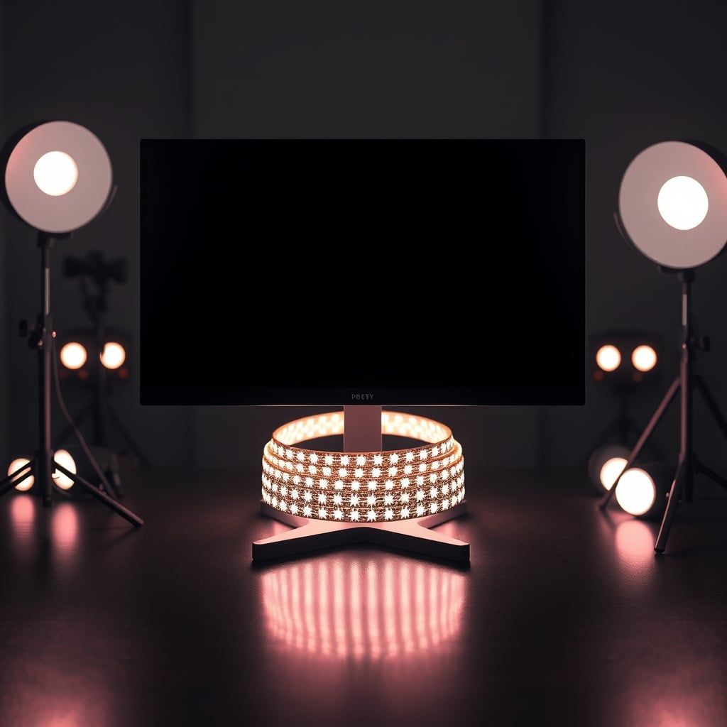 Clean desk with wired bias lighting and wireless ambient lamps in the room