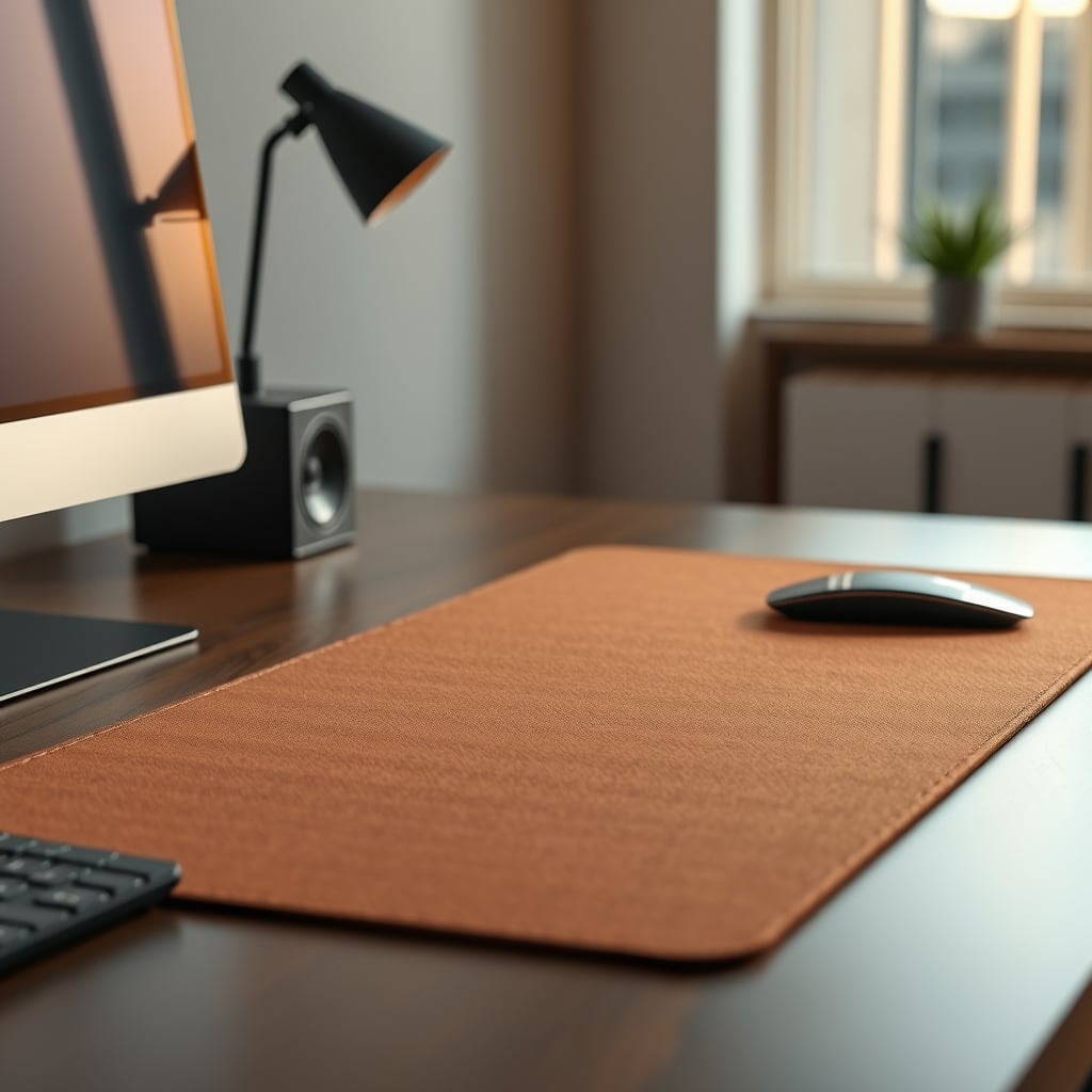 A high-quality desk mat with a smooth surface and subtle, diffused edge RGB lighting