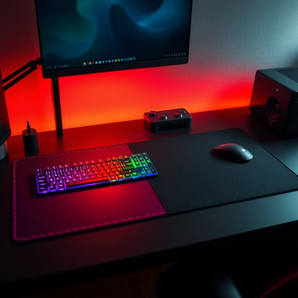 An expensive branded RGB desk pad compared side-by-side with a simple, plain high-quality desk mat