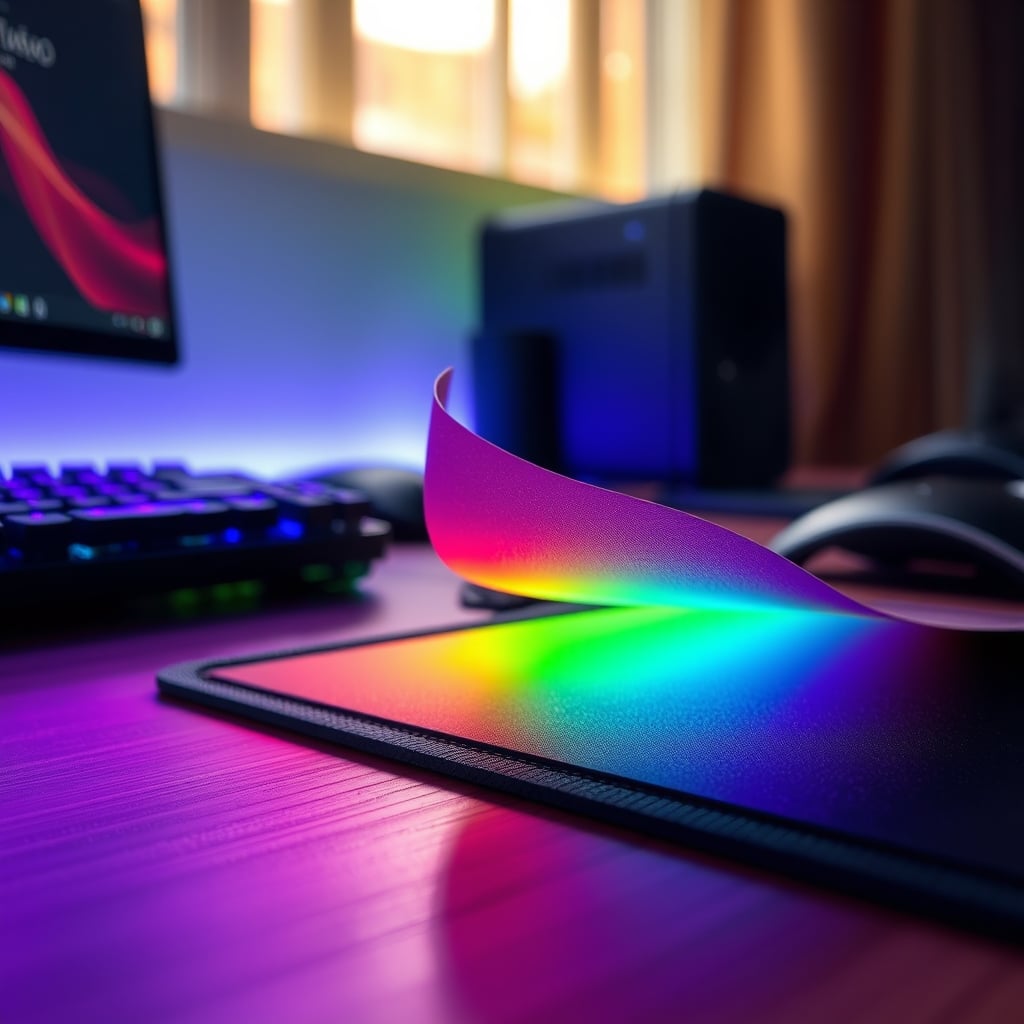 Close-up of a cheap RGB desk pad with peeling edges and visible glued layers