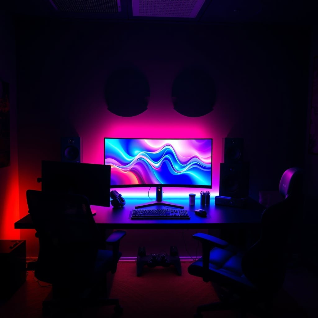 A cluttered streaming desk glowing with toxic RGB light from PC, monitor, and strips, illustrating light pollution.