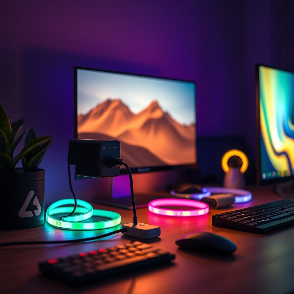 A hand pressing a single smart plug button to turn off a cluster of RGB power adapters.