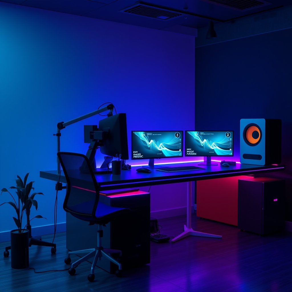 A streamlined, professional streaming desk setup with a glowing, minimalist AI interface providing real-time audio and lighting feedback, symbolizing intelligent automation.