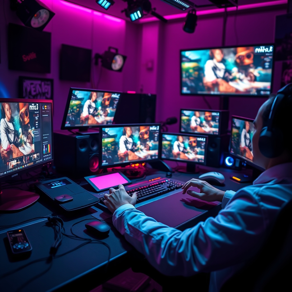 A streamer's desk cluttered with monitors, mixing board, and multiple hands frantically adjusting controls, symbolizing the complexity of manual stream management.