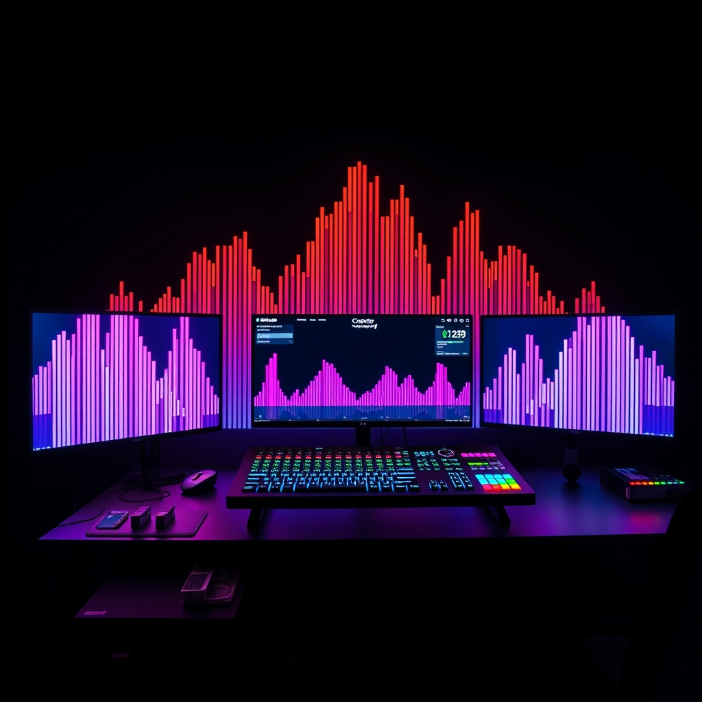 An intricate graphic illustrating merging audio waveforms and precise lighting grids, representing the granular control and data-driven optimization achievable with AI stream control.