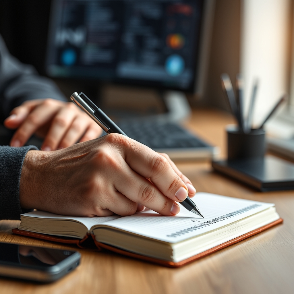An expert's hand deliberately writing notes in a high-quality notebook with a premium pen, emphasizing the cognitive engagement of analog tasks.