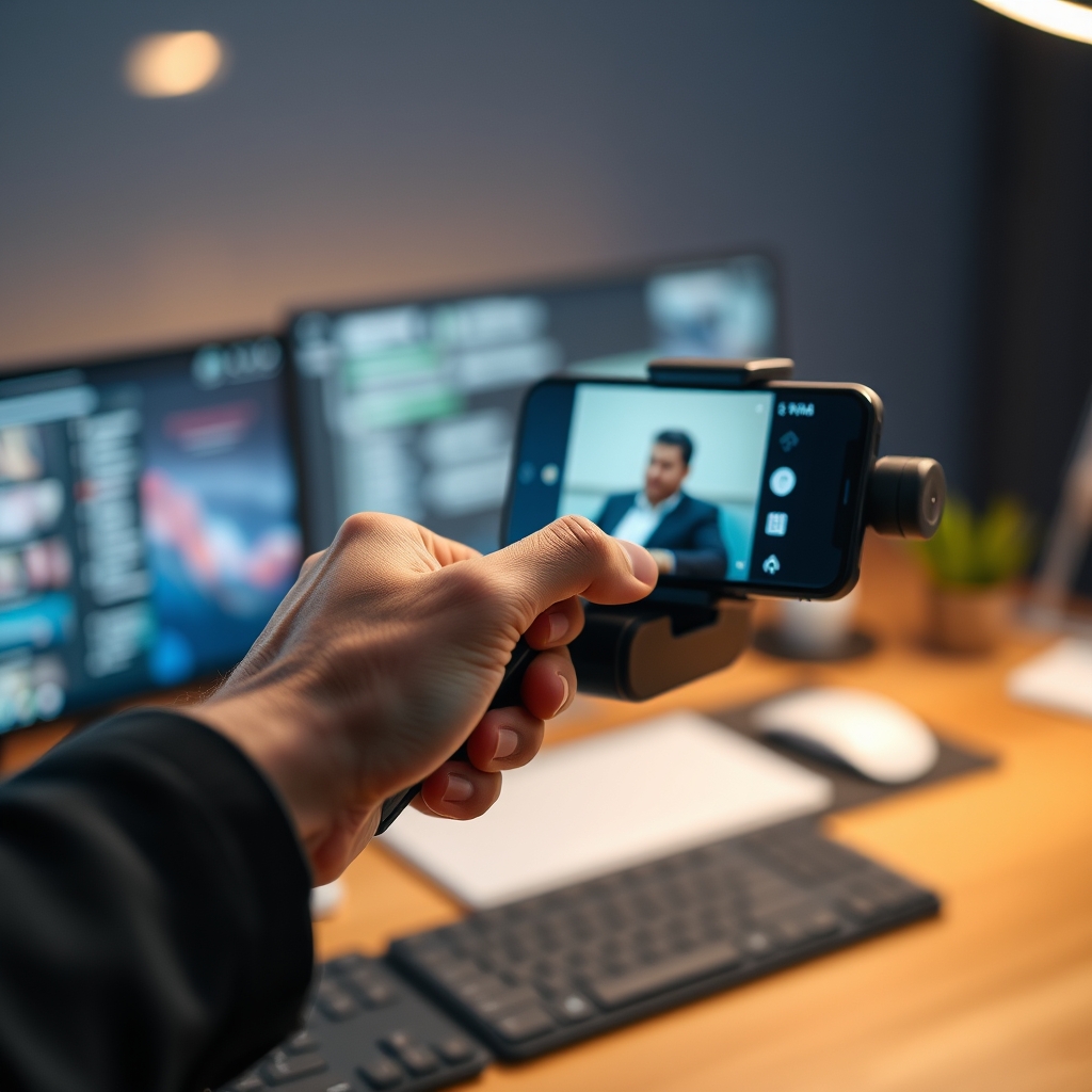 Operator's hand demonstrating subtle control on a phone gimbal for cinematic push-in shot